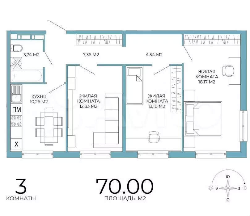 3-к. квартира, 70 м, 7/18 эт. - Фото 1