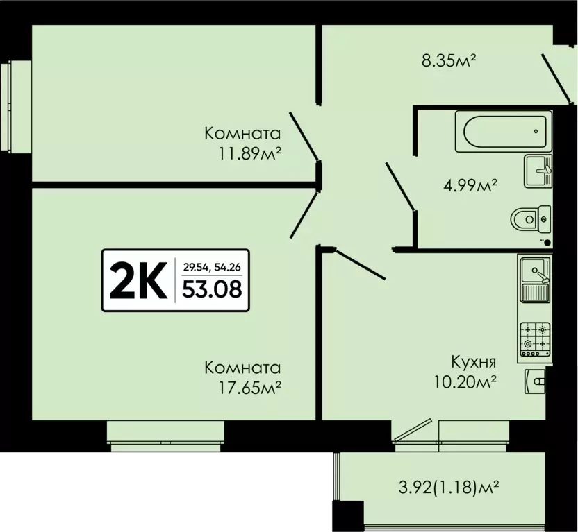 2-к квартира, 53.08 м - Фото 0