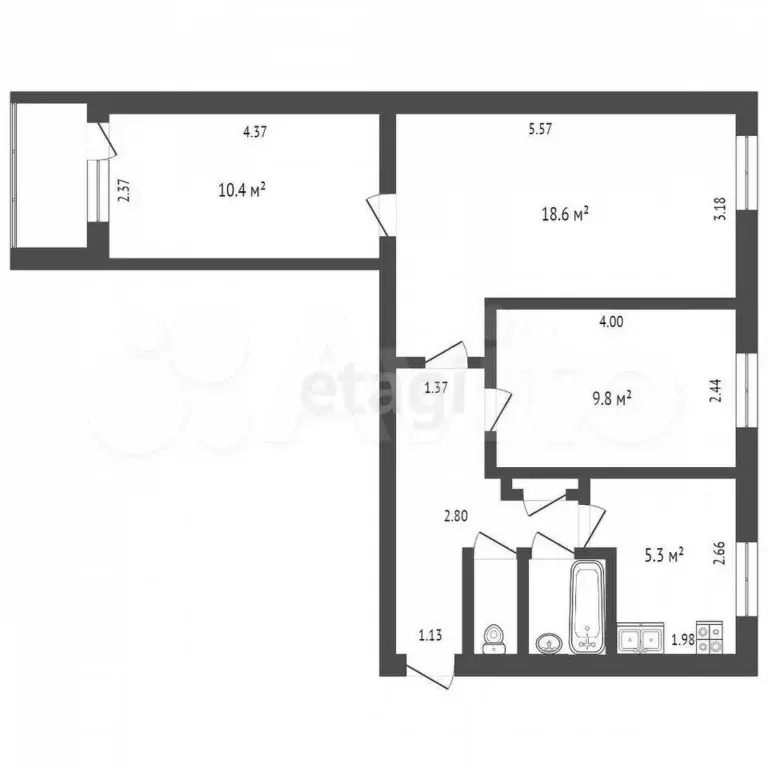 3-к. квартира, 56,9 м, 4/9 эт. - Фото 0