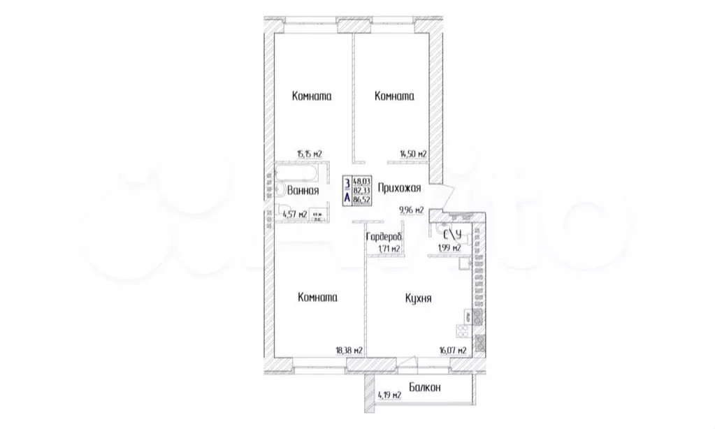 3-к. квартира, 86,5 м, 1/4 эт. - Фото 0