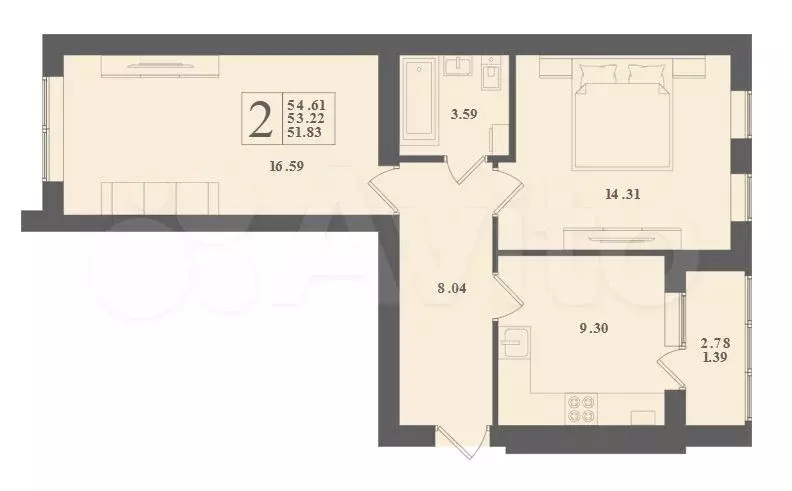2-к. квартира, 54,6 м, 3/4 эт. - Фото 1
