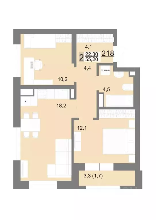 2-к кв. Свердловская область, Екатеринбург ул. Металлургов, 63/1 (55.2 ... - Фото 1