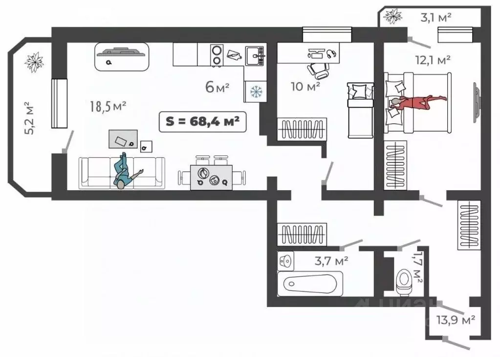 3-к кв. Красноярский край, Минусинск ул. Трегубенко, 65 (68.4 м) - Фото 1