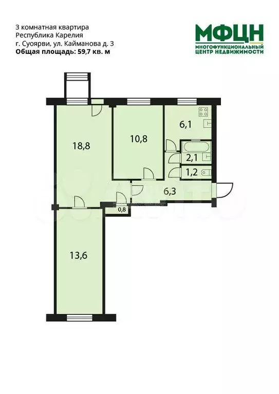 3-к. квартира, 59,7 м, 5/5 эт. - Фото 0
