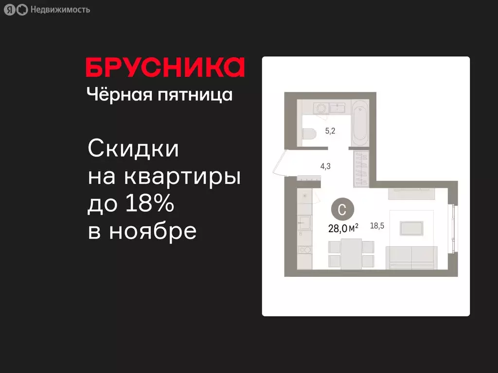 Квартира-студия: Новоселье, ЖК Брусника (27.99 м) - Фото 1