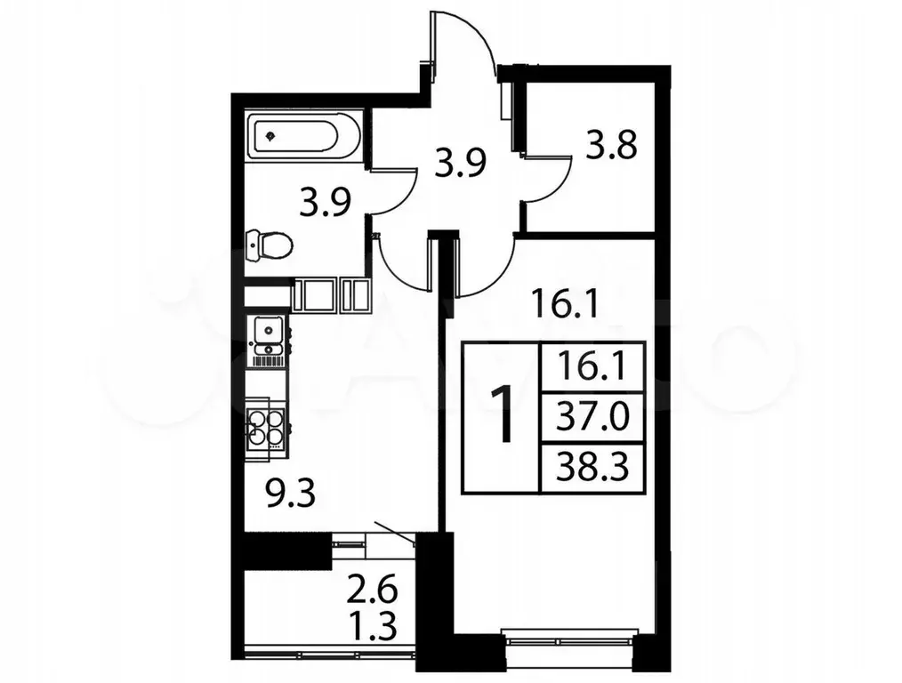 1-к. квартира, 38,3 м, 9/12 эт. - Фото 0