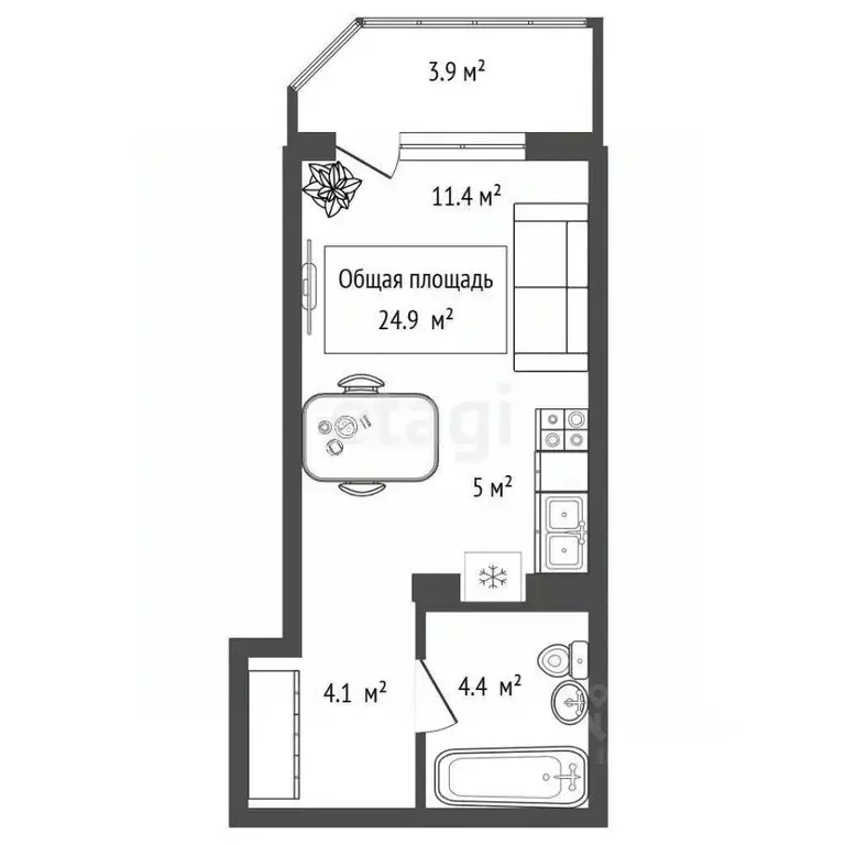 Студия Новосибирская область, Новосибирск Приморская ул., 24 (24.9 м) - Фото 2