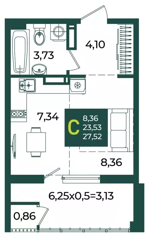 Студия Краснодарский край, Краснодар Образцово мкр,  (27.52 м) - Фото 1