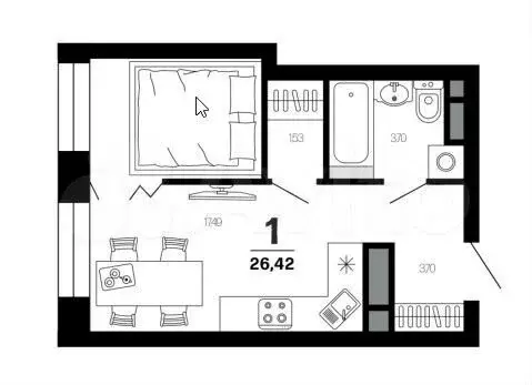 Квартира-студия, 26,4 м, 4/20 эт. - Фото 1