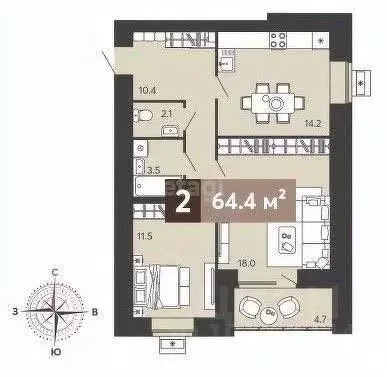 Квартира, 2 комнаты, 64.4 м - Фото 1