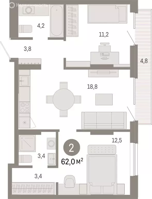 2-комнатная квартира: Омск, Кировский округ (62.03 м) - Фото 1