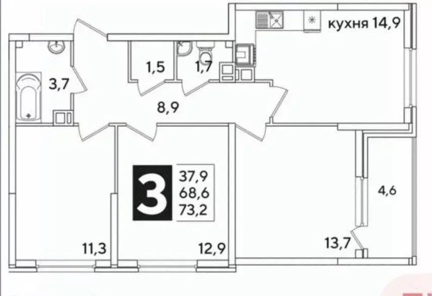 3-к кв. Краснодарский край, Краснодар Самолет кв-л,  (73.0 м) - Фото 1