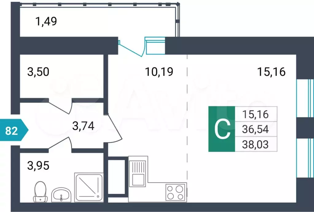 Квартира-студия, 38 м, 6/16 эт. - Фото 0