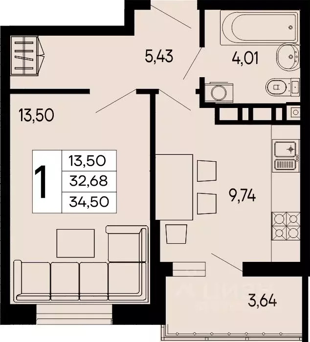 1-к кв. Адыгея, Майкоп 9 Мая ул. (34.5 м) - Фото 1