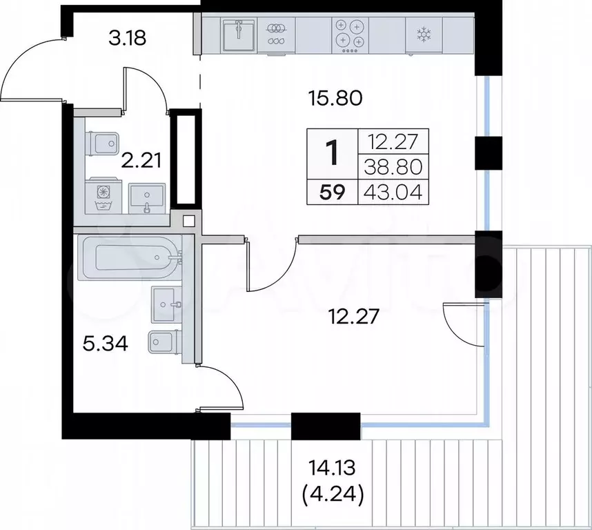 1-к. квартира, 43 м, 3/8 эт. - Фото 0