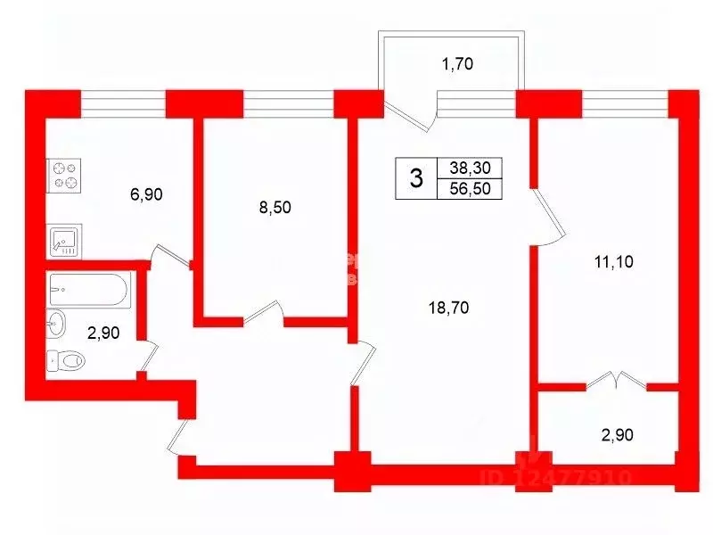 3-к кв. Санкт-Петербург просп. Шаумяна, 53 (56.5 м) - Фото 1