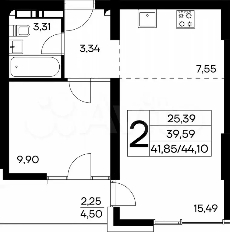2-к. квартира, 44,1 м, 3/16 эт. - Фото 0