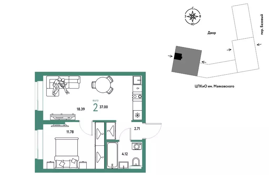 2-к кв. Свердловская область, Екатеринбург пер. Базовый, 10 (37.0 м) - Фото 0