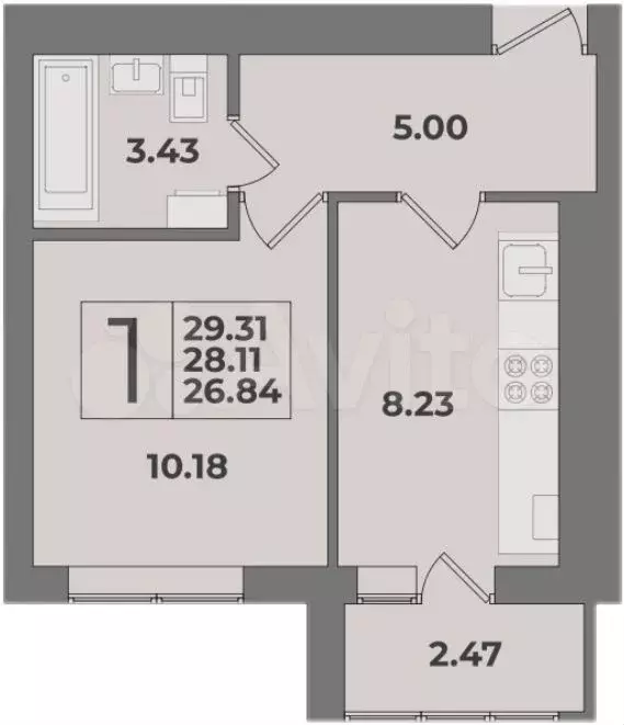 1-к. квартира, 29,3 м, 6/9 эт. - Фото 1