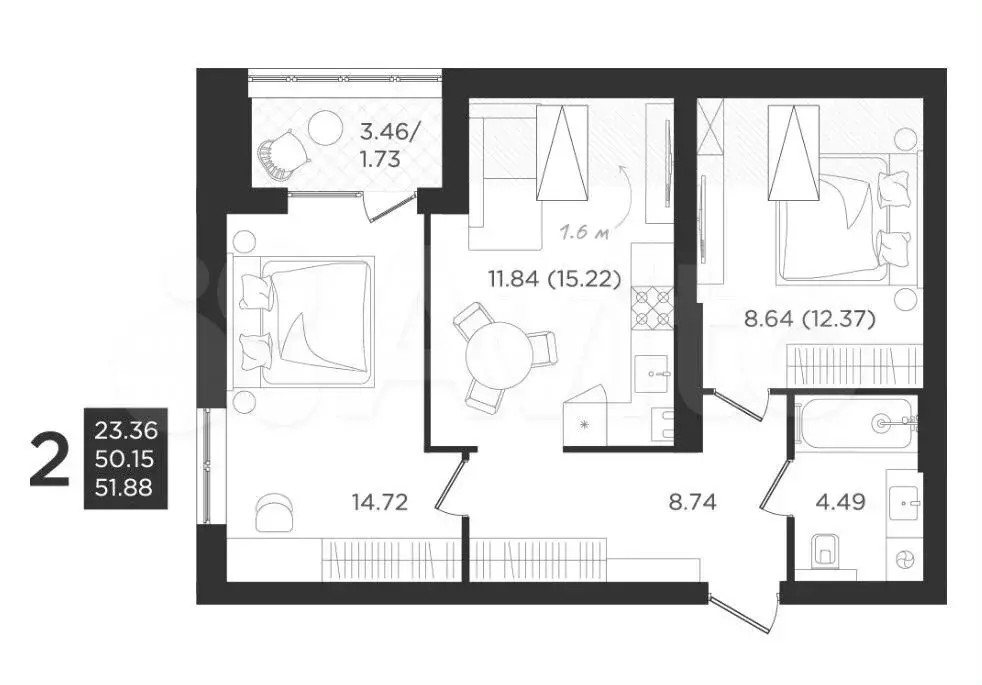 2-к. квартира, 50 м, 4/4 эт. - Фото 1