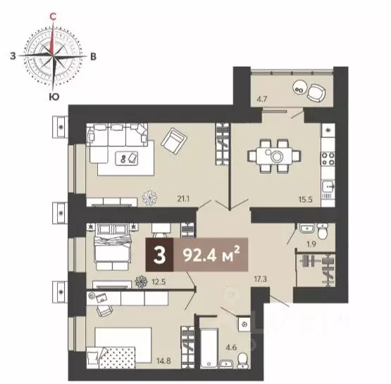 3-к кв. Пензенская область, Пенза ул. Щербакова, 71 (92.4 м) - Фото 1