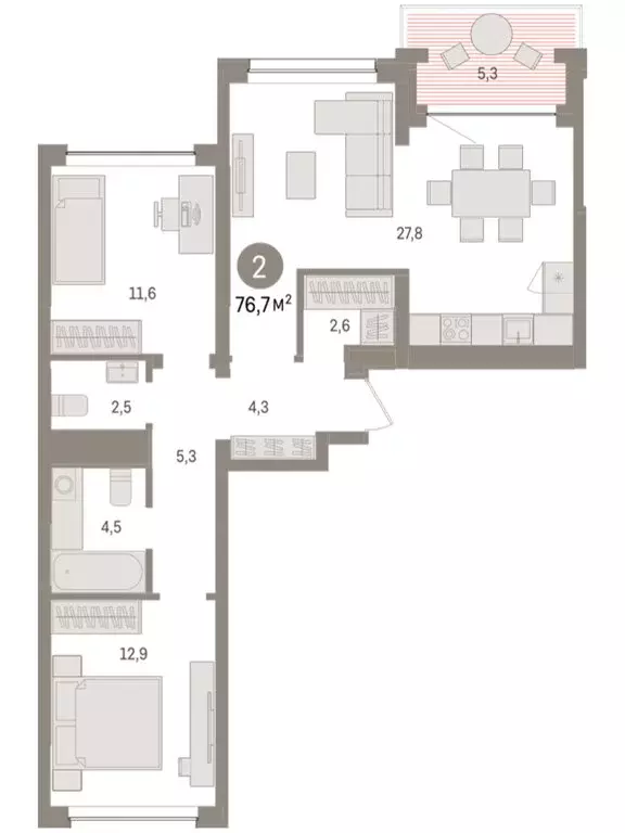 2-комнатная квартира: Тюмень, ЖК Дом у Озера (76.62 м) - Фото 2