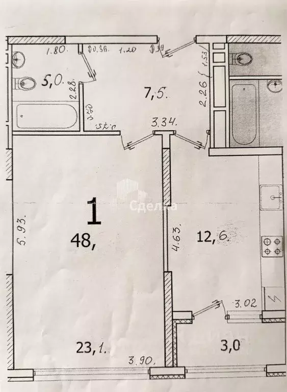 Квартира, 1 комната, 47.3 м - Фото 2