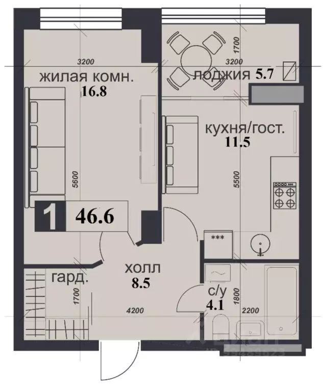 1-к кв. Ставропольский край, Ставрополь ул. Герцена, 147А (46.6 м) - Фото 1