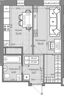 1-к. квартира, 37,1м, 23/25эт. - Фото 1