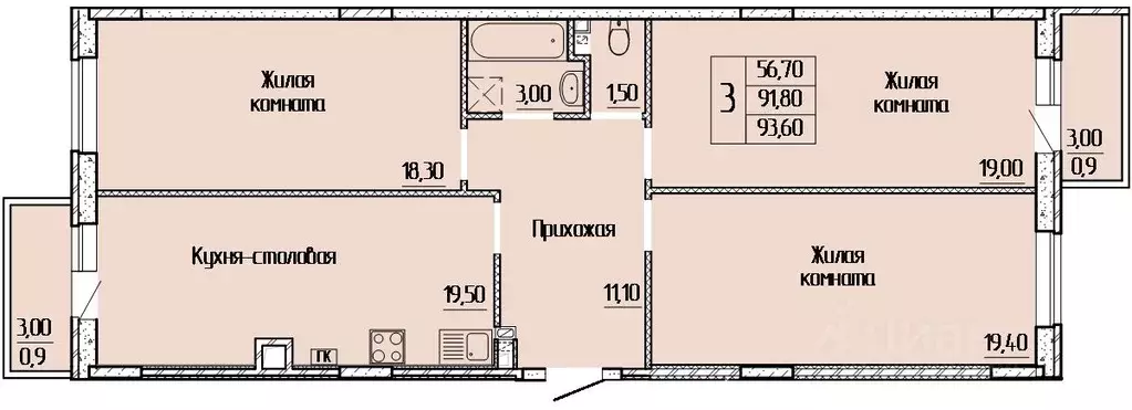 3-к кв. Ростовская область, Батайск ул. Леонова, 12к1 (92.6 м) - Фото 0