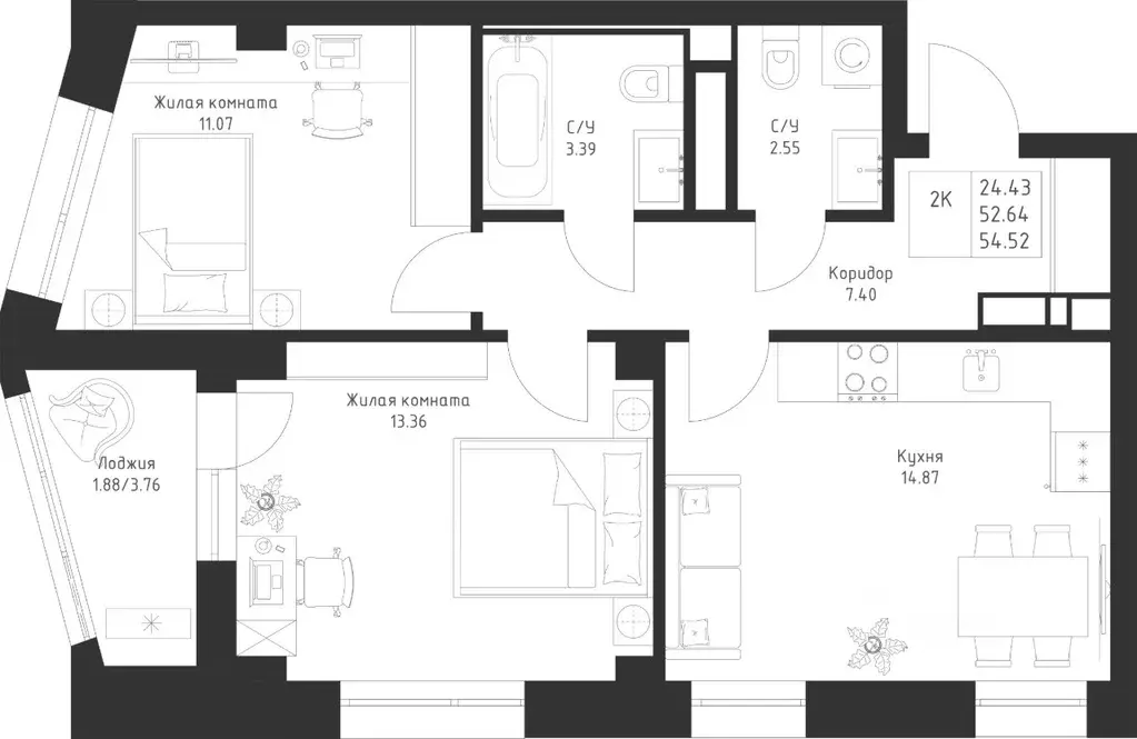 2-к кв. Татарстан, Казань Седьмое Небо жилрайон,  (54.52 м) - Фото 1
