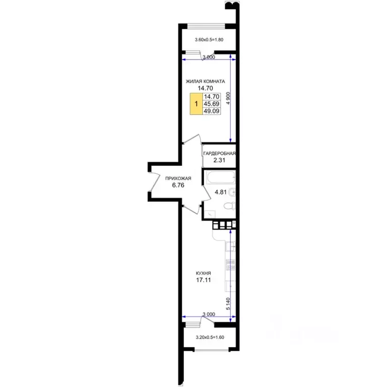1-к кв. Краснодарский край, Новороссийск 5-я Бригада мкр,  (49.09 м) - Фото 1