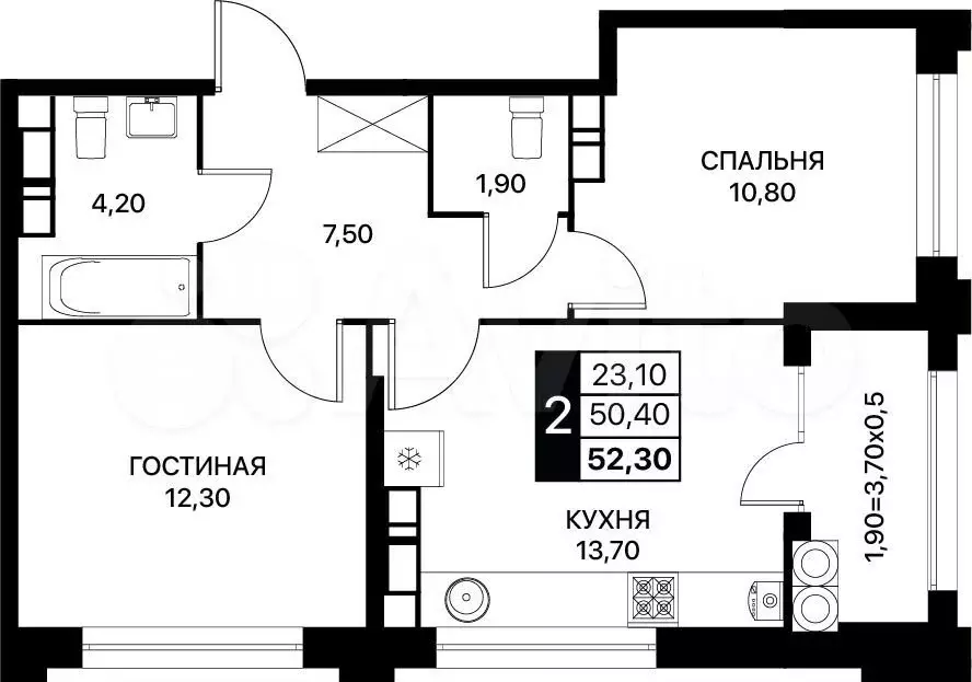 2-к. квартира, 52,3м, 20/20эт. - Фото 0