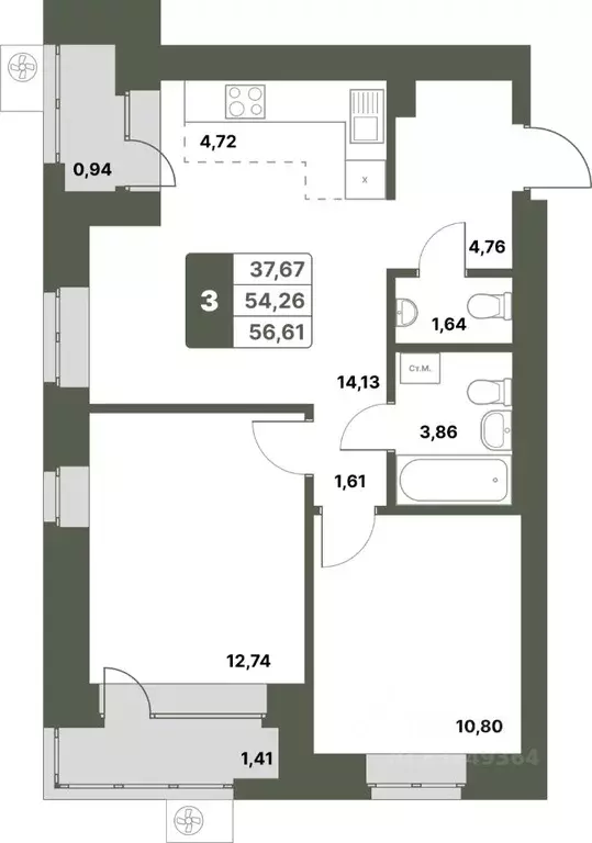 3-к кв. Башкортостан, Уфимский район, с. Миловка  (56.61 м) - Фото 1