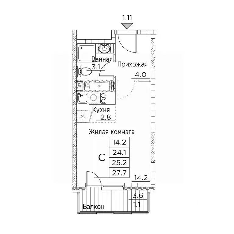 1-к кв. Приморский край, Владивосток ул. Расула Гамзатова, 7к3 (27.7 ... - Фото 1