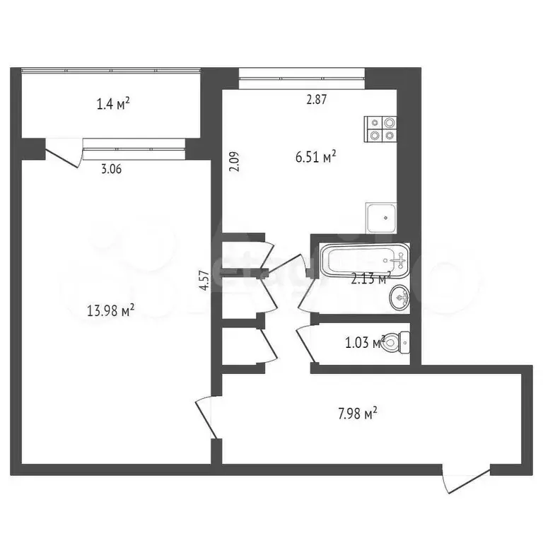 1-к. квартира, 32,7 м, 6/9 эт. - Фото 0