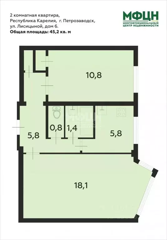 2-к кв. Карелия, Петрозаводск ул. Лисицыной, 6 (45.2 м) - Фото 1