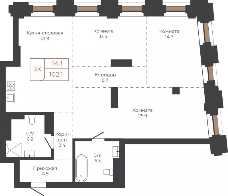 3-к кв. Алтайский край, Барнаул пл. Баварина, 8к2 (102.0 м) - Фото 1