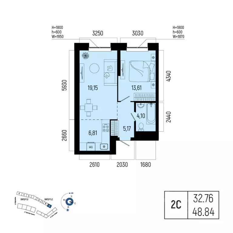 2-к кв. Башкортостан, Уфа Глумилино-1 мкр, Новатор жилой комплекс ... - Фото 1