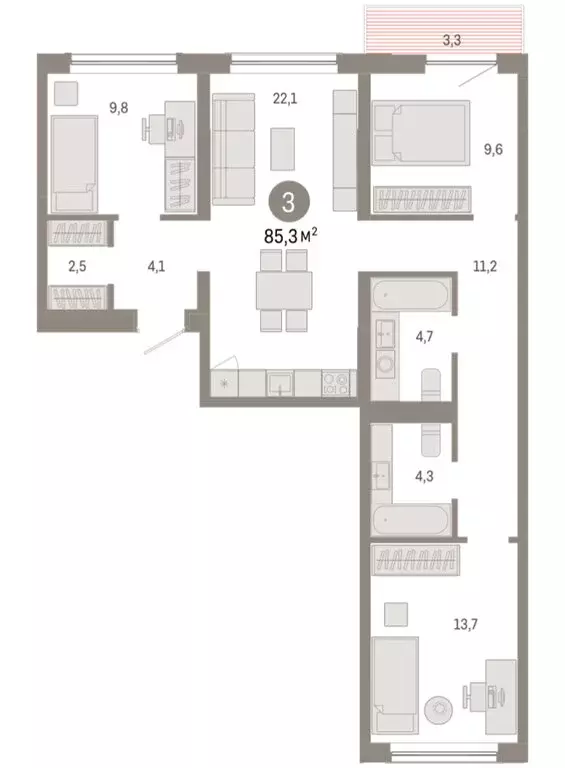 3-комнатная квартира: Новосибирск, Большевистская улица, с49 (85.25 м) - Фото 1