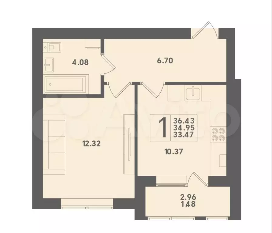 1-к. квартира, 36,4 м, 4/4 эт. - Фото 1