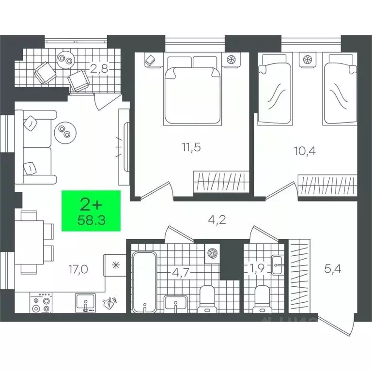 2-к кв. Тюменская область, Тюмень ул. Василия Малкова, 3 (58.37 м) - Фото 0