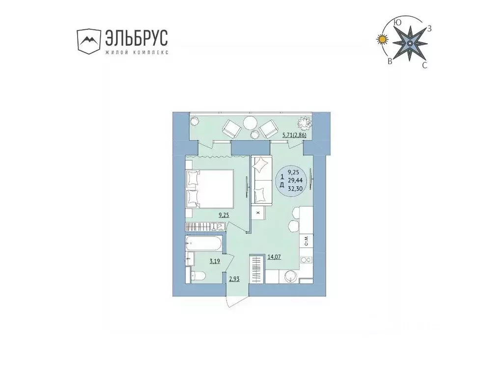 1-к кв. Башкортостан, Уфа Кавказская ул., 24 (32.3 м) - Фото 0
