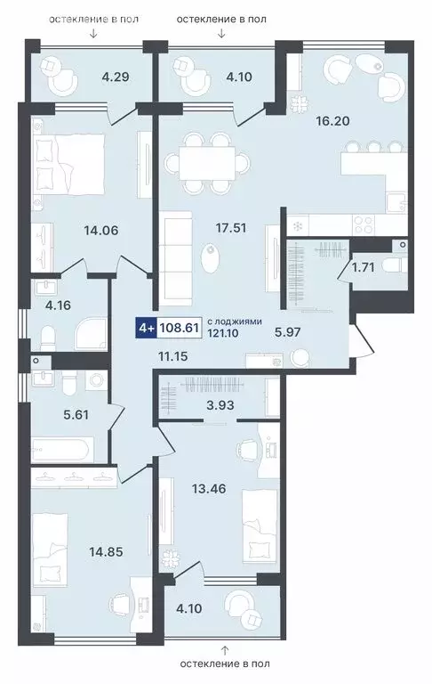 4-комнатная квартира: Тюмень, Ставропольская улица, 1 (108.61 м) - Фото 0