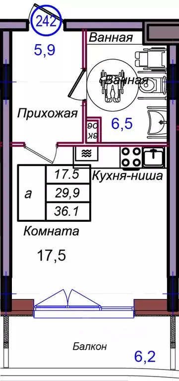 Студия Калининградская область, Светлогорск Балтийская ул. (36.1 м) - Фото 1