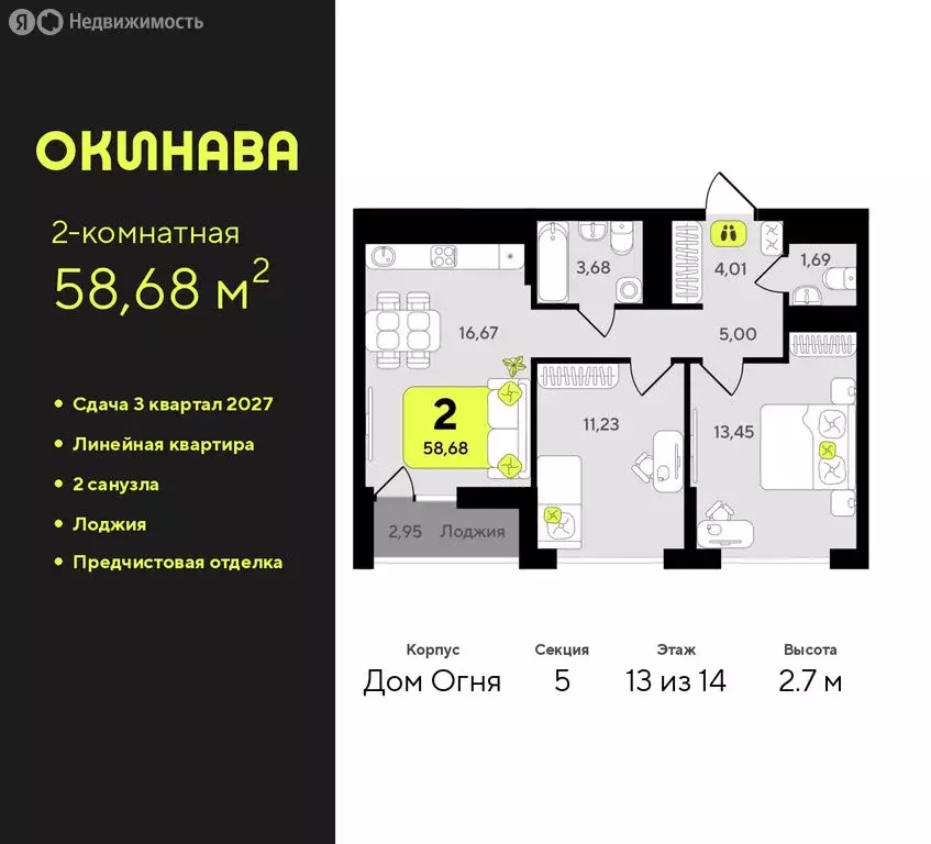 2-комнатная квартира: Тюмень, жилой комплекс Окинава (58.68 м) - Фото 1