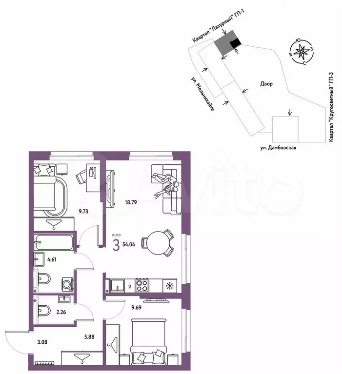 2-к. квартира, 54 м, 2/7 эт. - Фото 0
