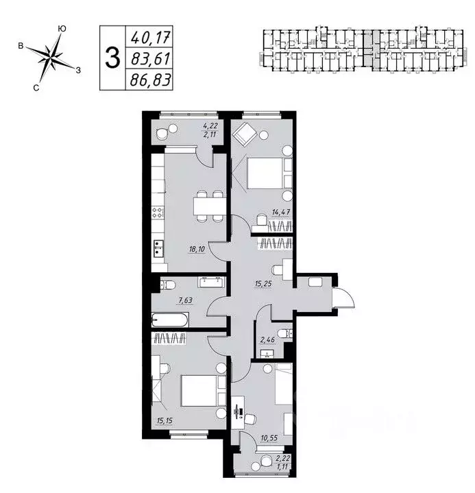 3-к кв. Тамбовская область, Тамбов Телецентр мкр, Строганов жилой ... - Фото 1