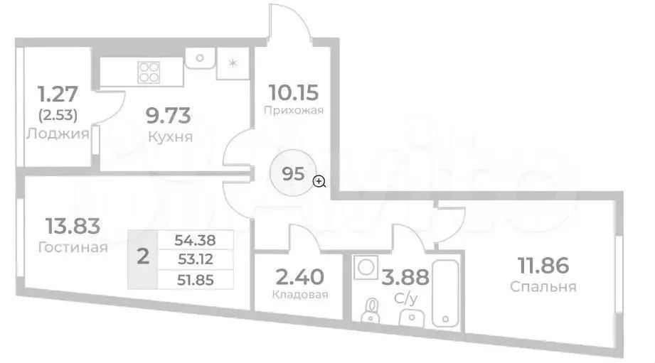 2-к. квартира, 53,1 м, 5/9 эт. - Фото 1