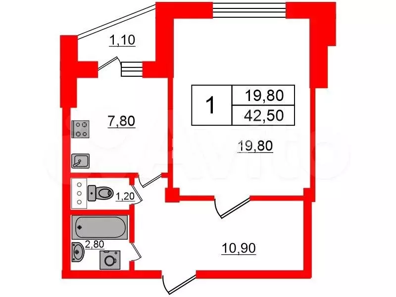 1-к. квартира, 42,5 м, 2/10 эт. - Фото 0